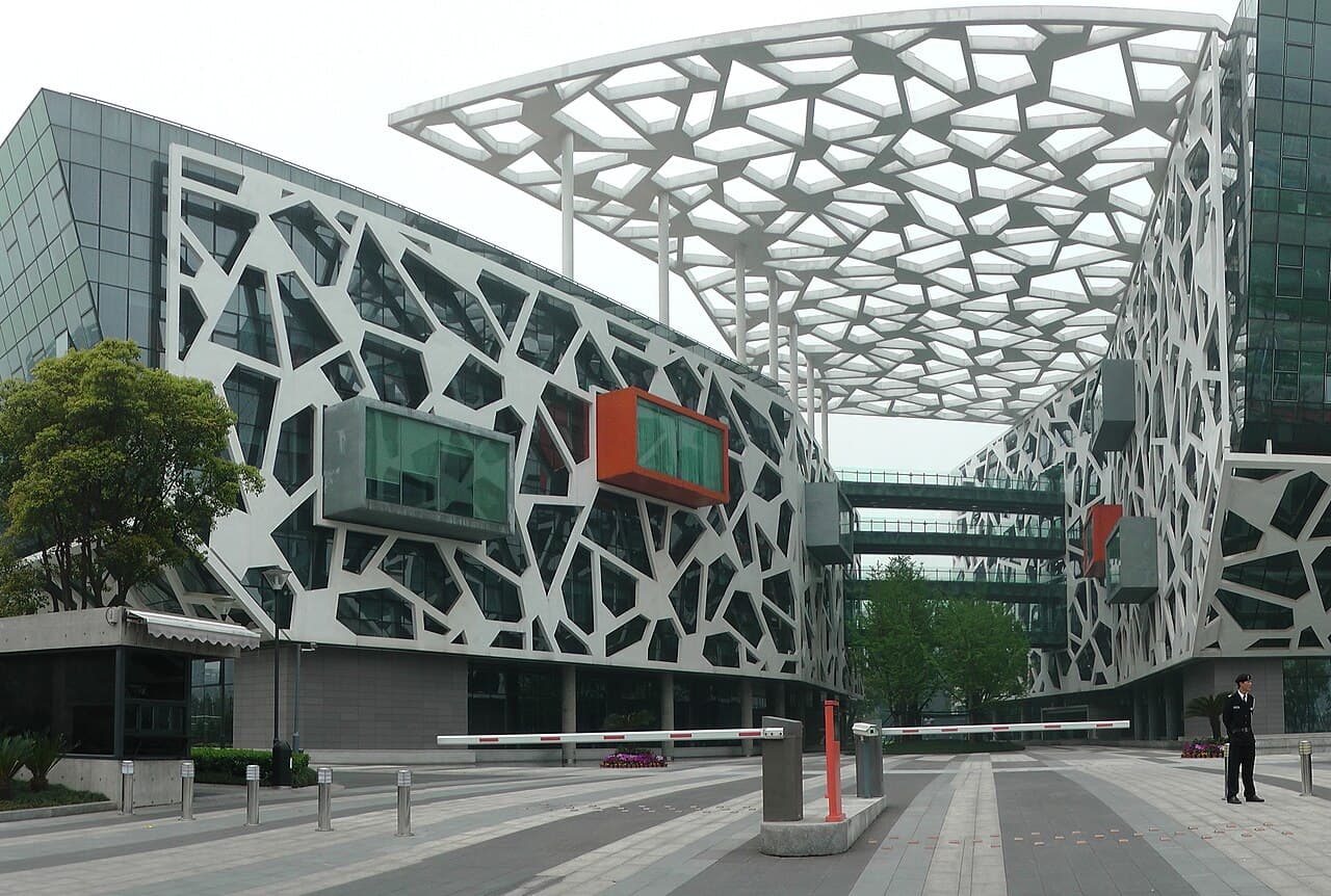 The lattice-facade buildings of Alibaba Group's Xixi campus headquarters in Hangzhou, China.