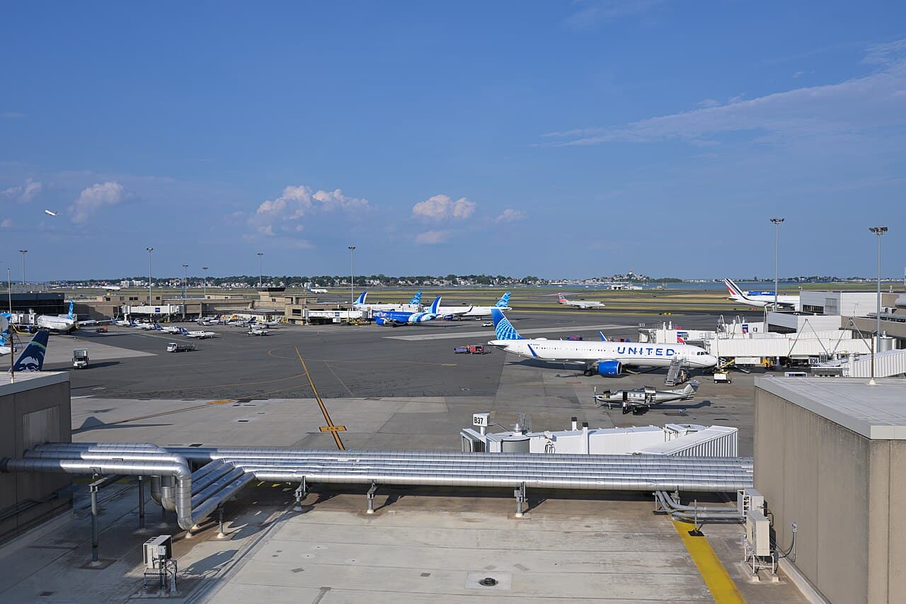 Aircraft at the Terminal B and C gates of Boston Logan International Airport, July 2026.