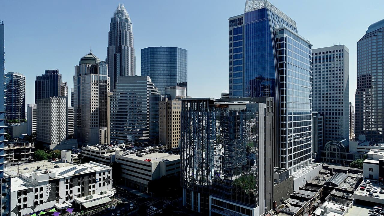 Aerial view of the office towers of Uptown Charlotte, North Carolina, in 2018.