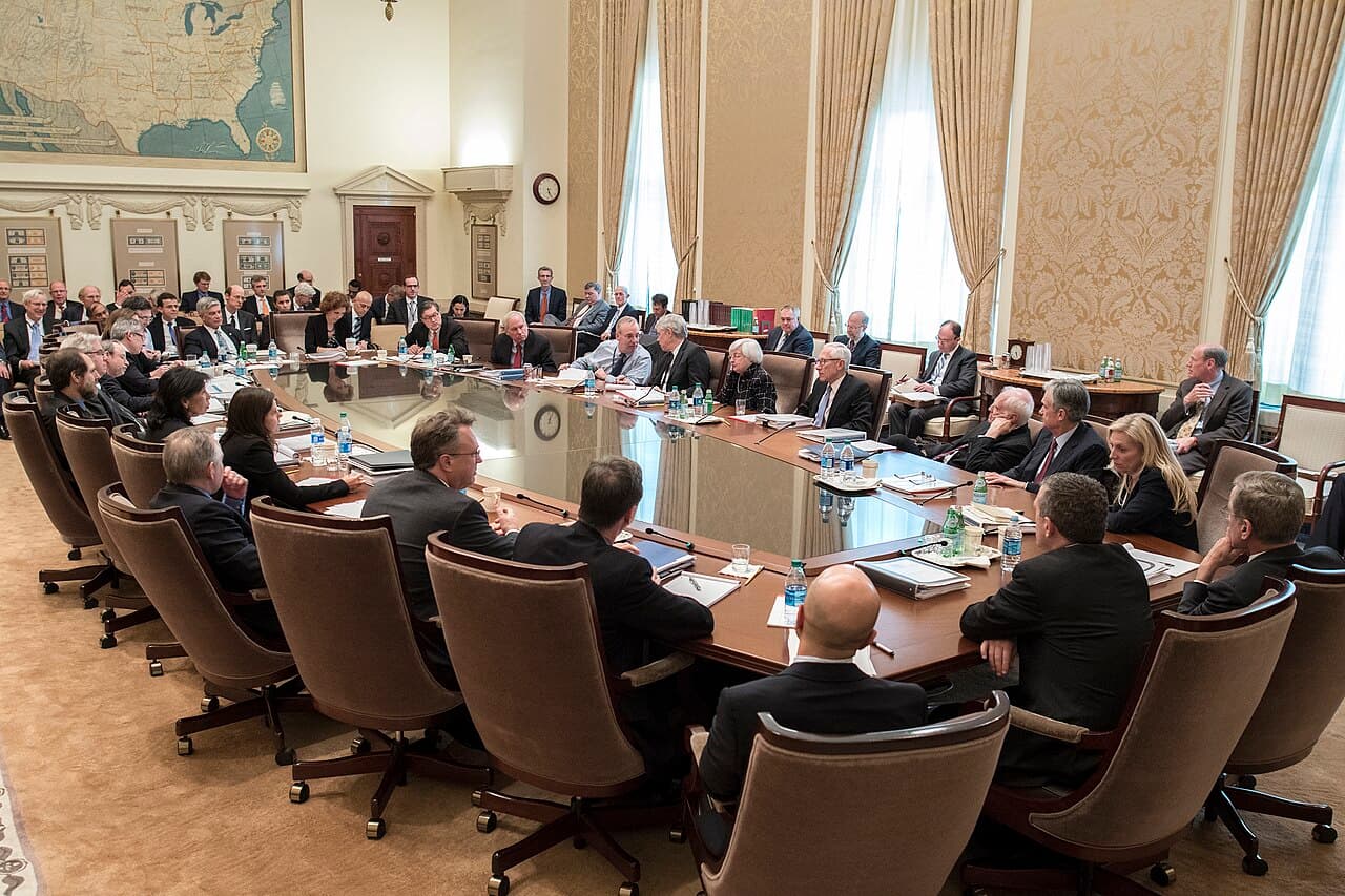 Federal Open Market Committee participants gathered around the Board Room table at the Eccles Building, April 2016.