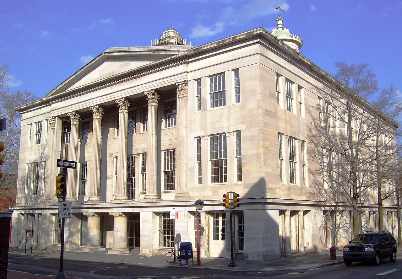 The Merchants' Exchange Building in Philadelphia, built in 1834 and the oldest stock exchange building in the United States.