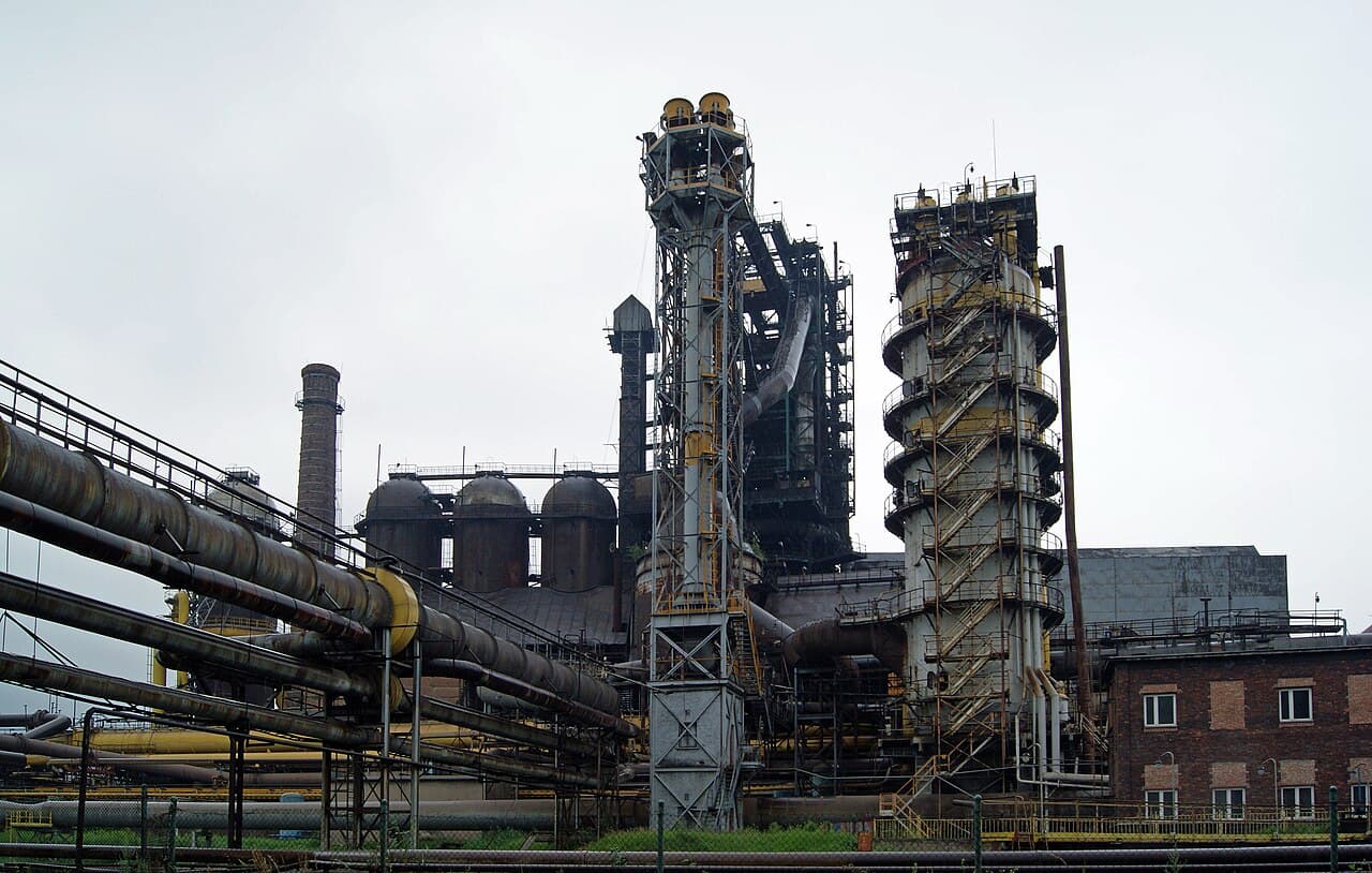 Blast furnace and hot-blast stoves at the Sendzimir steel mill in Nowa Huta, Kraków, Poland.