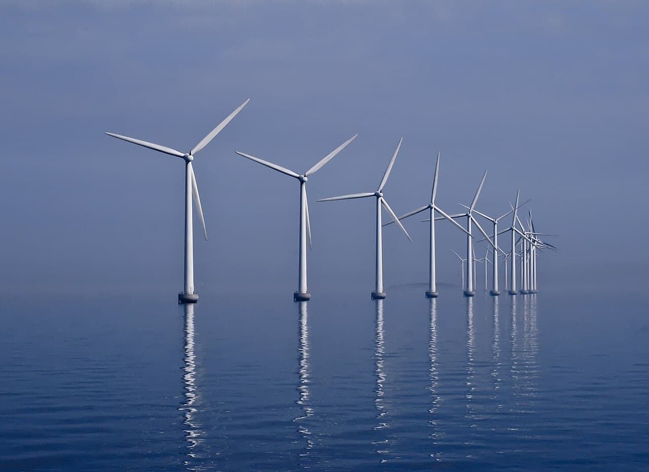 Turbines of the Middelgrunden offshore wind farm in the Øresund strait off Copenhagen.