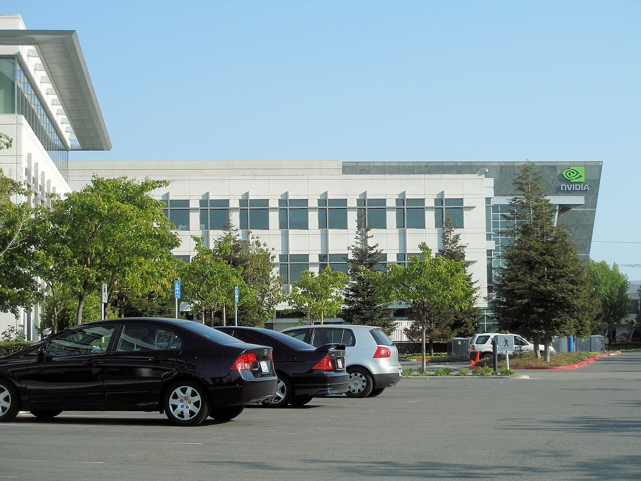 An office building bearing the Nvidia logo at the company's Santa Clara campus on San Tomas Expressway.