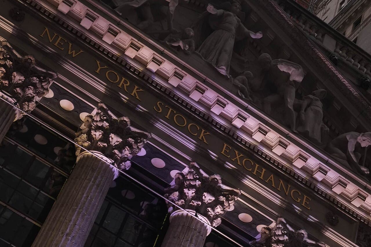 Corinthian columns and the carved NEW YORK STOCK EXCHANGE lettering on the exchange's Broad Street facade.